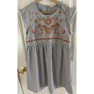 Women’s Embroidered Dress Size S Black White Stripe Orange Floral Prairie Roolee